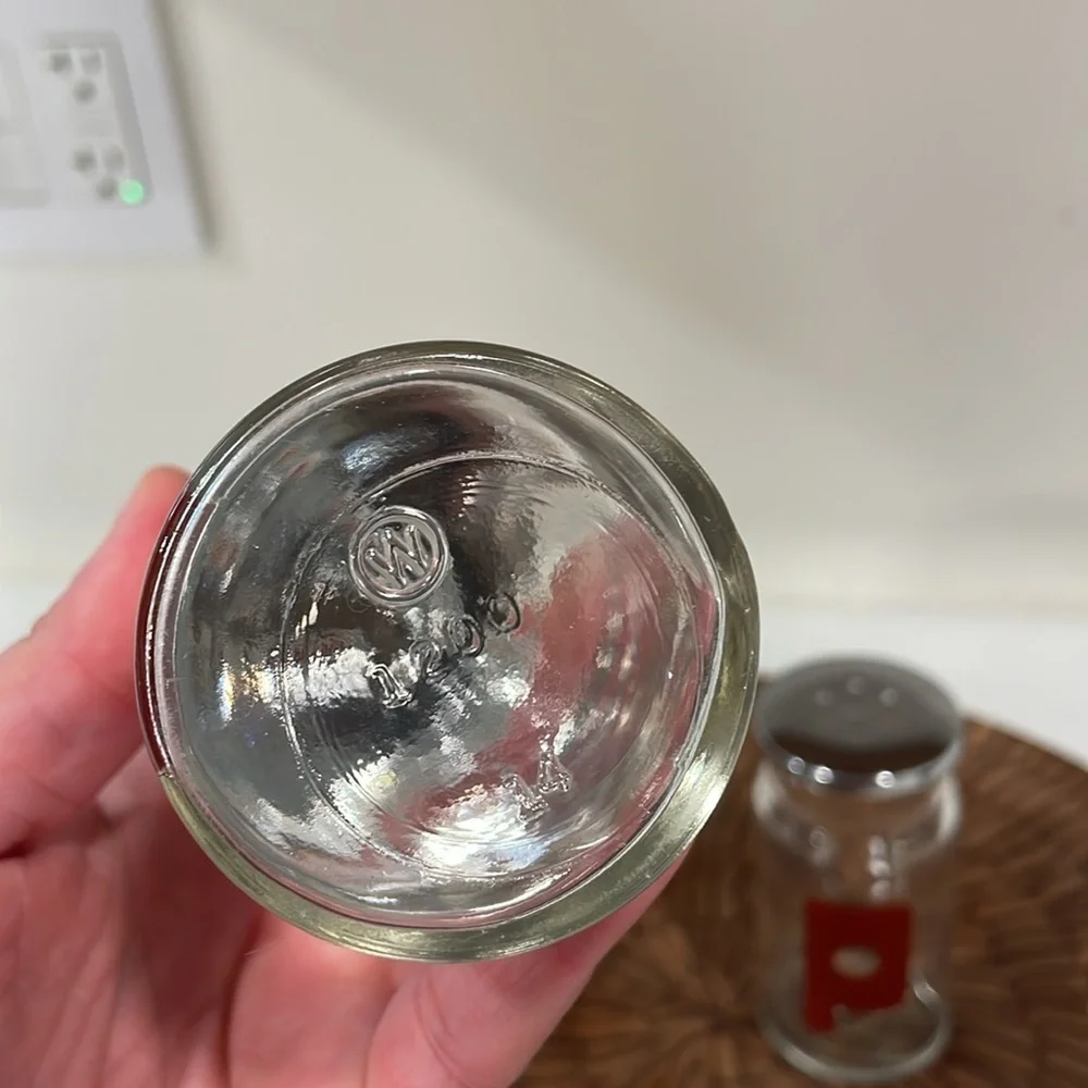 VTG Wheaton Glass Salt & Pepper Shakes MCM Mod Deco Chrome Red Minimalist